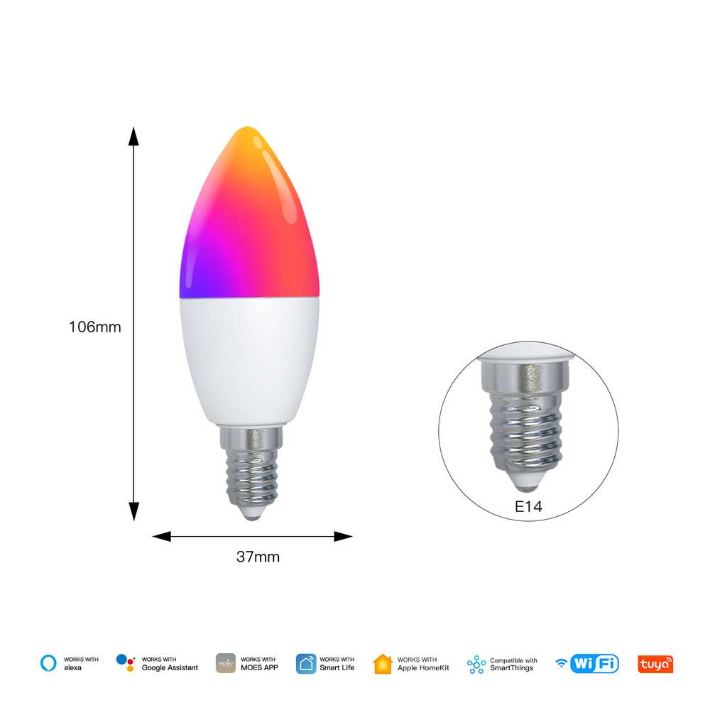 MeanWell Lampada Led Matter E14, RGB+CW, Matter WIFI 2.4G TUYA, Smart Life, Apple Home, Google Home, Alexa, SmartThings, AC 90-250V, 50/60HZ, 6W, 37X106mm, IP20, MU11406