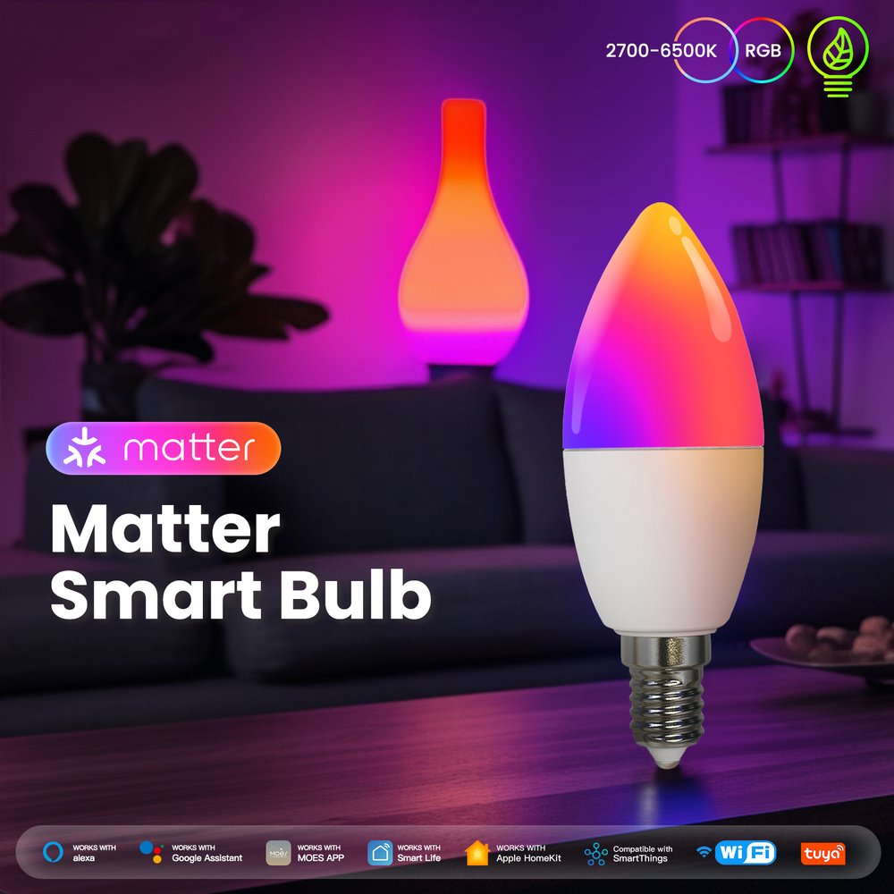 MeanWell Lampada Led Matter E14, RGB+CW, Matter WIFI 2.4G TUYA, Smart Life, Apple Home, Google Home, Alexa, SmartThings, AC 90-250V, 50/60HZ, 6W, 37X106mm, IP20, MU11406