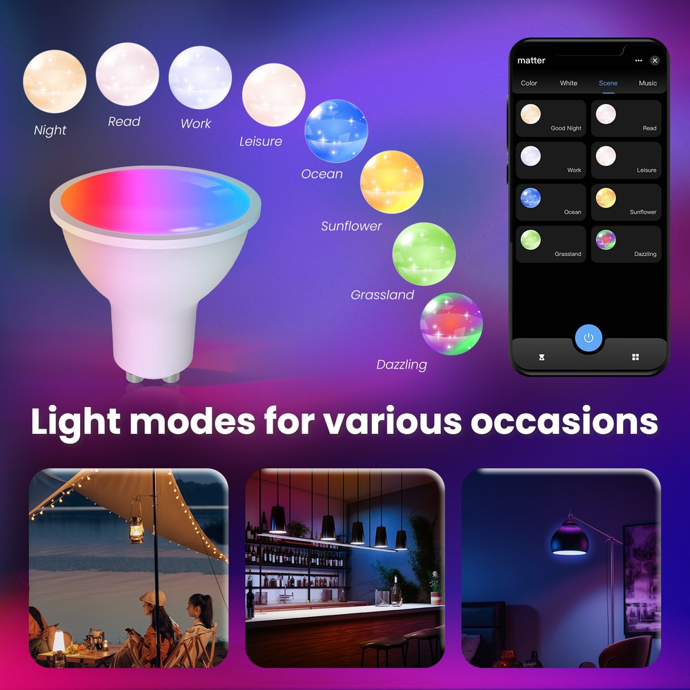 MeanWell Lampada Led Matter GU10, RGB+CW, Matter WIFI 2.4G, TUYA, Smart Life, Apple Home, Google Home, Alexa, SmartThings, AC 90-250V, 50/60HZ, 5W, 50X55mm, IP20, MU11005