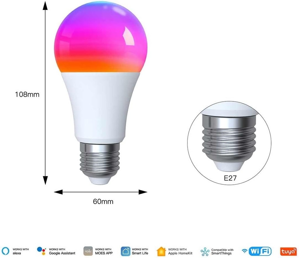 MeanWell Lampada Led Matter E27, RGB+CW, Matter WIFI 2.4G TUYA, Smart Life, Apple Home, Google Home, Alexa, SmartThings AC 90-250V, 50/60HZ, 9W, 60X117mm, IP20, MU12709