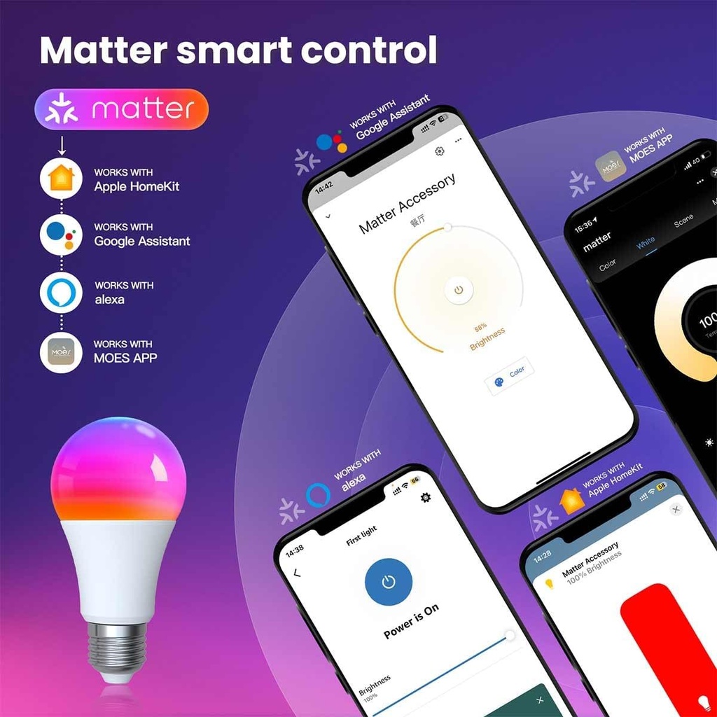 MeanWell Lampada Led Matter E27, RGB+CW, Matter WIFI 2.4G TUYA, Smart Life, Apple Home, Google Home, Alexa, SmartThings AC 90-250V, 50/60HZ, 9W, 60X117mm, IP20, MU12709