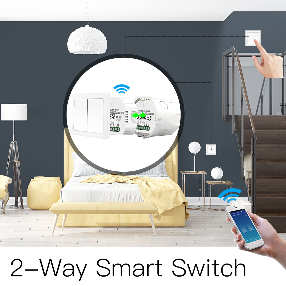 MeanWell Interruttore WIFI 2.4G+BLE+RF 433MHz, 2 Canali, Bluetooth BLE Mesh TUYA, Smart Life, 10A, AC 90-250V, 50/60HZ, 2200W, 53X48X18mm, IP20, SHB104B