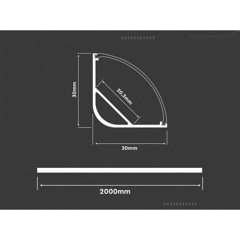 Profilo Alluminio Angolare Grande Tondo Per Strip Led Fino 20mm Completo Di Copertura Satinata Tappi Gancio 2 Metri SKU-3363