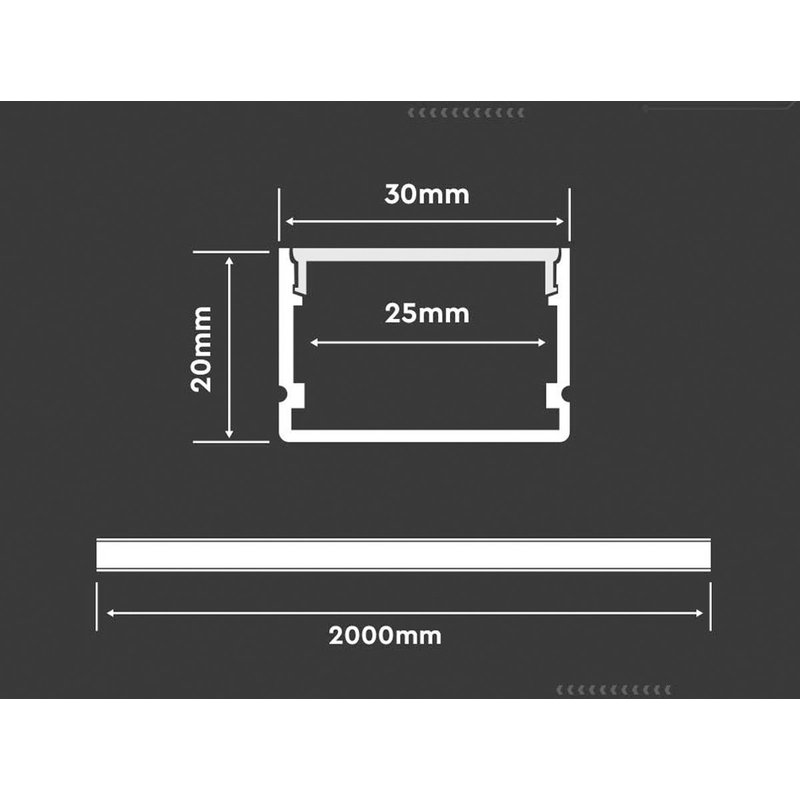 Profilo Alluminio Larga Alta 30X20mm Per Striscia Led Fino A 27mm Completo Di Copertura Satinata Tappi Gancio 2 Metri SKU-3371