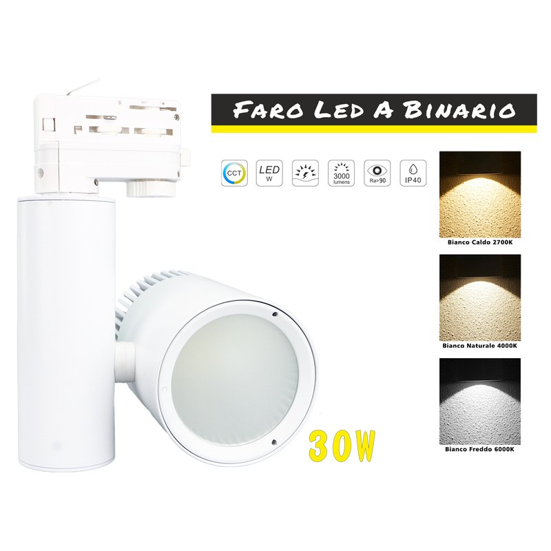 Faro Lampada Led A Binario 30W Trifase CCT CRI 90 Carcassa Bianca 2700K 4000K 6000K 3 In 1 Luce Stretta 24 Gradi