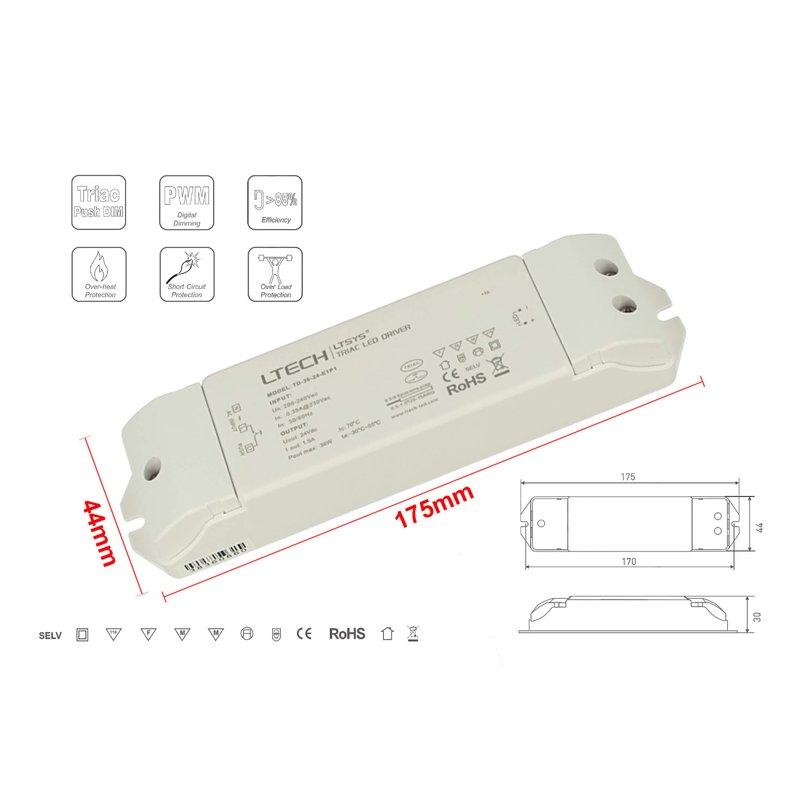 Alimentatore Dimmerabile CV 24V 36W Triac ELV Pulsante N.O. 3 In 1 Varialuce Su 220V