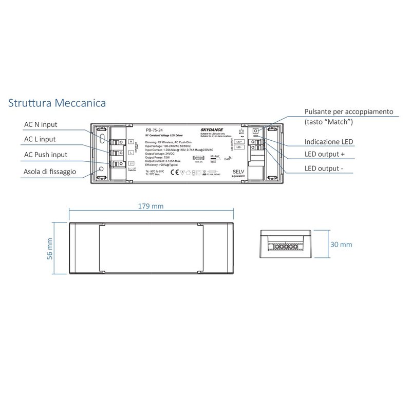 Alimentatore Dimmerabile CV 12V 75W Con Pulsante N.O. e Telecomando RF 2.4G Per Striscia Led 12V PB-75-12