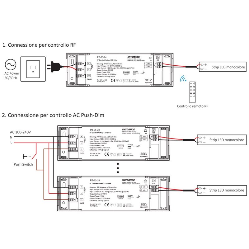 Alimentatore Dimmerabile CV 12V 75W Con Pulsante N.O. e Telecomando RF 2.4G Per Striscia Led 12V PB-75-12