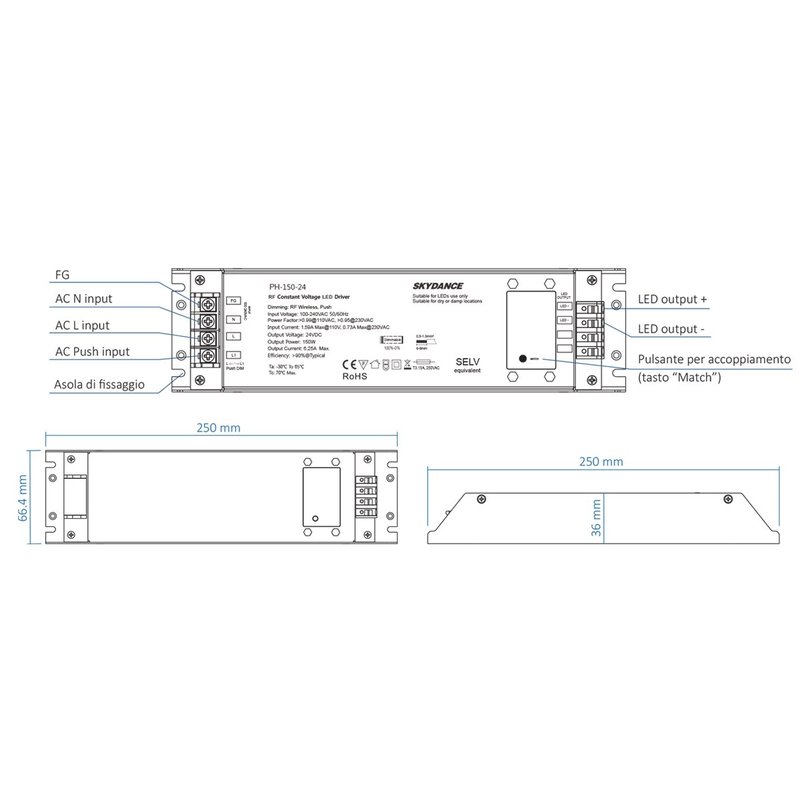 Alimentatore Dimmerabile CV 12V 150W Con Pulsante N.O. e Telecomando RF 2.4G Per Striscia Led 12V PH-150-12