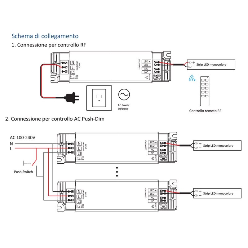 Alimentatore Dimmerabile CV 24V 40W Con Pulsante N.O. e Telecomando RF 2.4G Per Striscia Led 24V PB-40-24