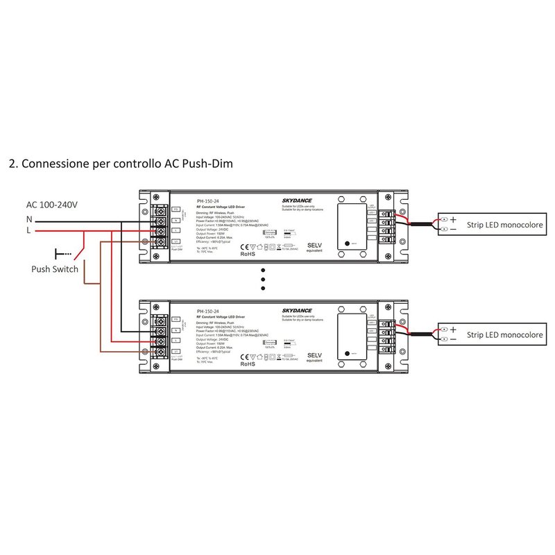 Alimentatore Dimmerabile CV 24V 150W Con Pulsante N.O. e Telecomando RF 2.4G Per Striscia Led 24V PH-150-24