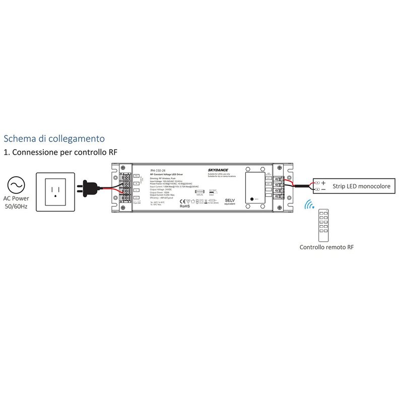 Alimentatore Dimmerabile CV 24V 150W Con Pulsante N.O. e Telecomando RF 2.4G Per Striscia Led 24V PH-150-24