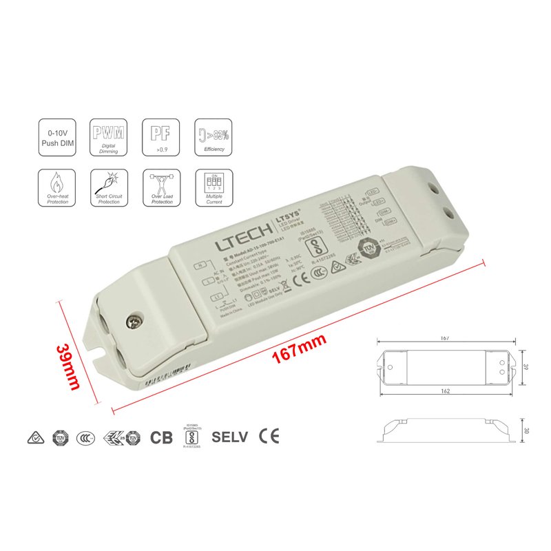 Led Driver CC Dimmerabile 0/1-10V Pulsante N.O. Push Dimmer 15W Regolabile 100/180/300/350/450/500/600/700mA