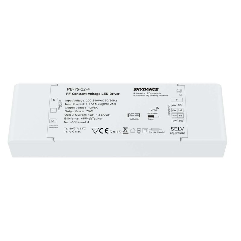 Alimentatore Dimmerabile CV 12V 75W 4 Canali Con Pulsante N.O. e Telecomando RF 2.4G Per Striscia Led PB-75-12-4