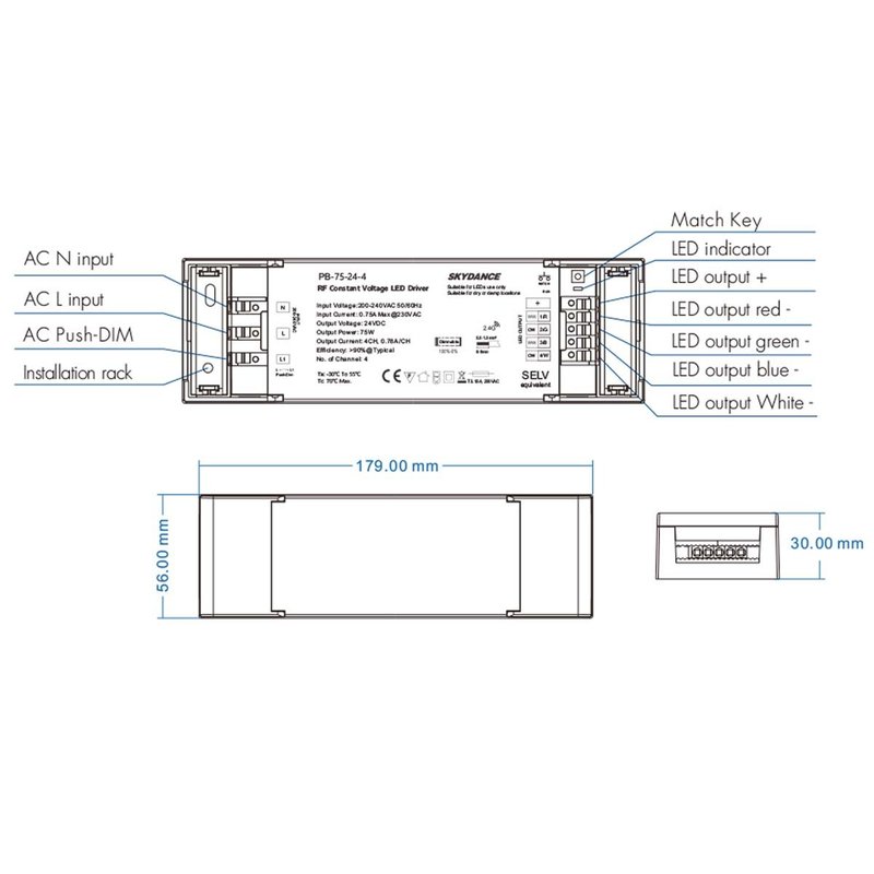 Alimentatore Dimmerabile CV 12V 75W 4 Canali Con Pulsante N.O. e Telecomando RF 2.4G Per Striscia Led PB-75-12-4