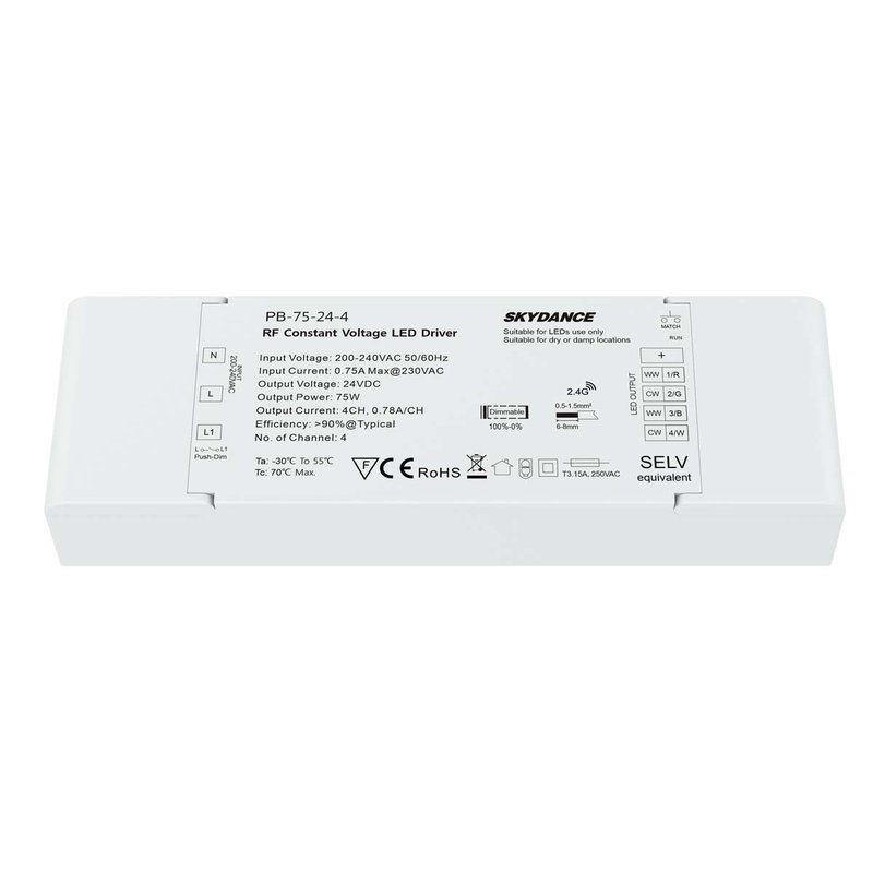 Alimentatore Dimmerabile CV 24V 75W 4 Canali Con Pulsante N.O. e Telecomando RF 2.4G Per Striscia Led PB-75-24-4