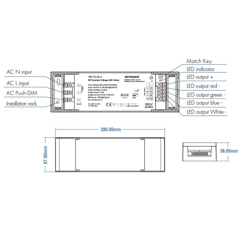 Alimentatore Dimmerabile CV 24V 150W 4 Canali Con Pulsante N.O. e Telecomando RF 2.4G Per Striscia Led PH-150-24-4