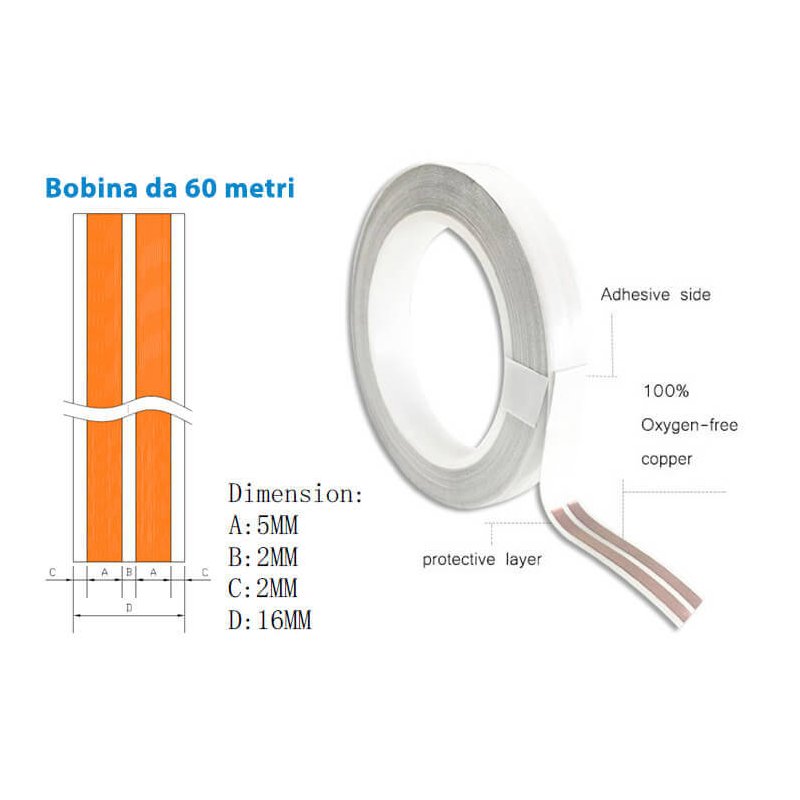 Cavo Filo Nastro Elettrico Super Slim Rotolo Piatto Con Biadesivo 2 Conduttori 0,25mmq 5mm Fino a 3A Senza Rompere Muri o Installare Canaline 60 Metri