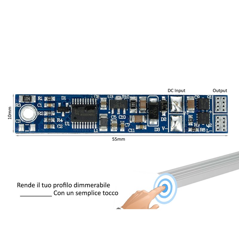 Interruttore Led Dimmer Sensore Touch Tocca Profilato Alluminio 12V 24V 3A Con Memoria Max 3 Metri