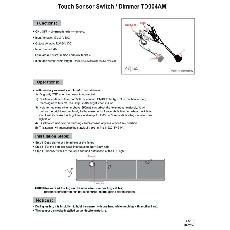 Interruttore LED Dimmer Touch Da Incasso 12V 24V 4A Con Cavo DC JACK 5.5x2.1mm Controllo Regolazione dell'Illuminazione con Funzione di Memoria Nero