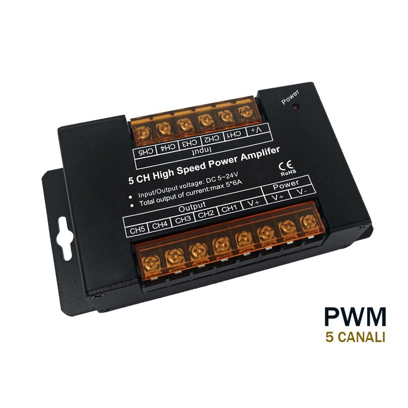 Amplificatore Segnale PWM 5 Canali Per Striscia Led RGBWW RGB+CCT 12V 24V 5X6A AP105