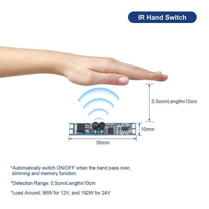 Sensore Movimento Mani 12V 24V 8A Con Funzione Dimmer e Memoria Per Profilo Alluminio