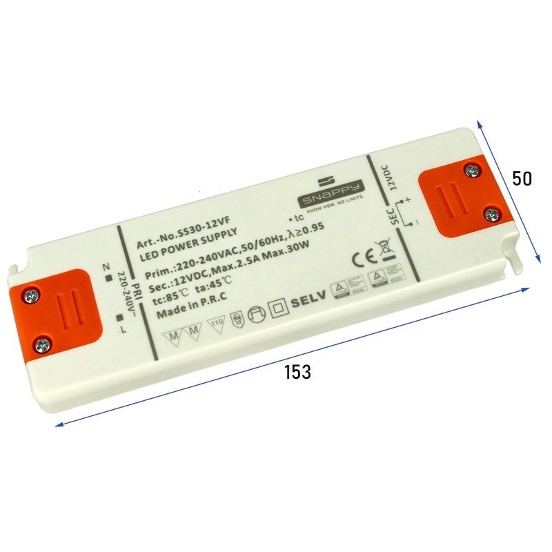 Alimentatore Trasformatore Slim 12V 30W 2,5A 14mm SNAPPY SS30-12VF