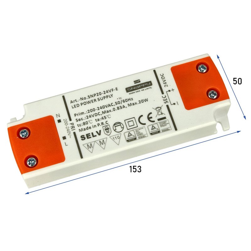 Alimentatore Trasformatore Slim 24V 20W 0,83A 16mm SNAPPY SNP20-24VF-E