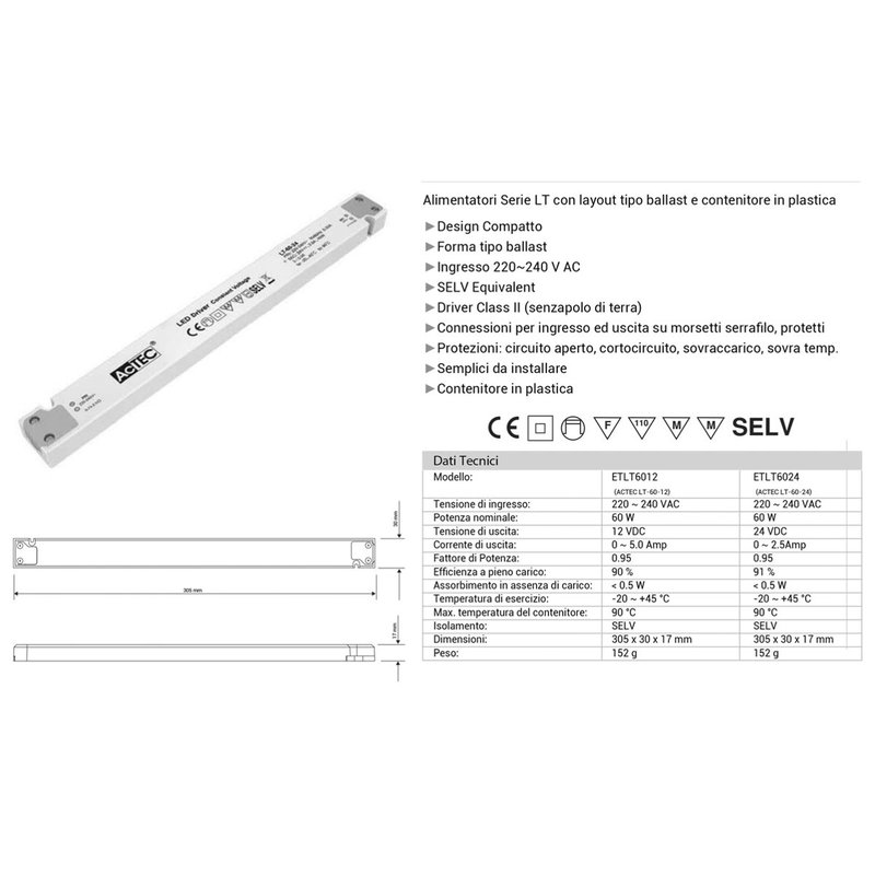 Alimentatore Ultra Slim Sottile 60W 12V Trasformatore CV Per Striscia Led Profili Alluminio