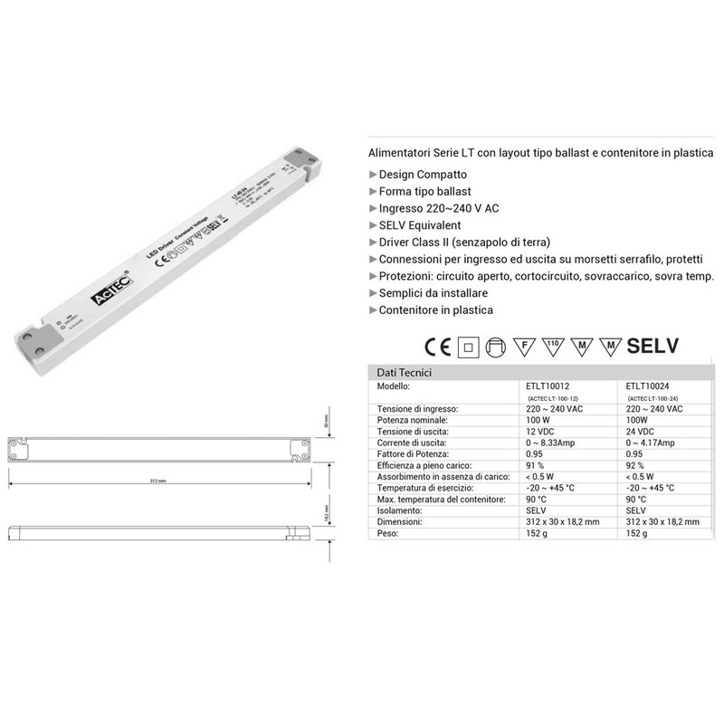 Alimentatore Ultra Slim Sottile 100W 12V Trasformatore CV Per Striscia Led Profili Alluminio