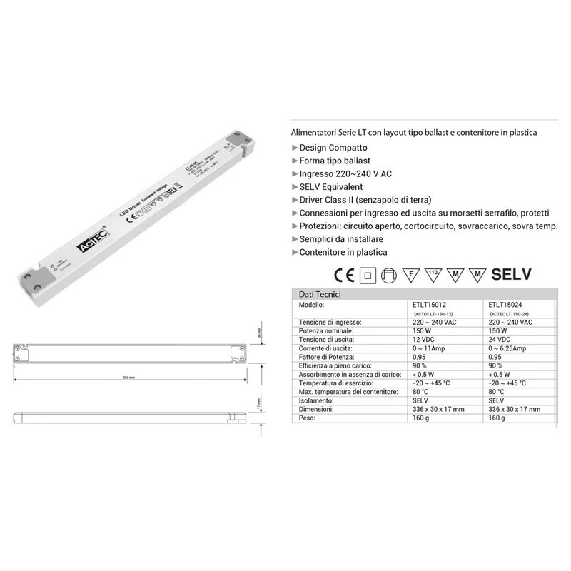 Alimentatore Ultra Slim Sottile 150W 12V Trasformatore CV Per Striscia Led Profili Alluminio