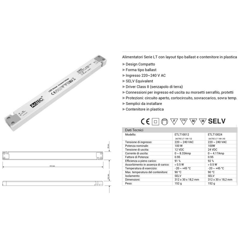 Alimentatore Ultra Slim Sottile 100W 24V LT-100-24 Trasformatore CV Per Striscia Led Profili Alluminio