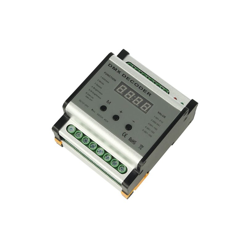 Centralina DMX Decoder Con Rail Guida DIN 4 Canali 12V 24V 5AX4 DMX701