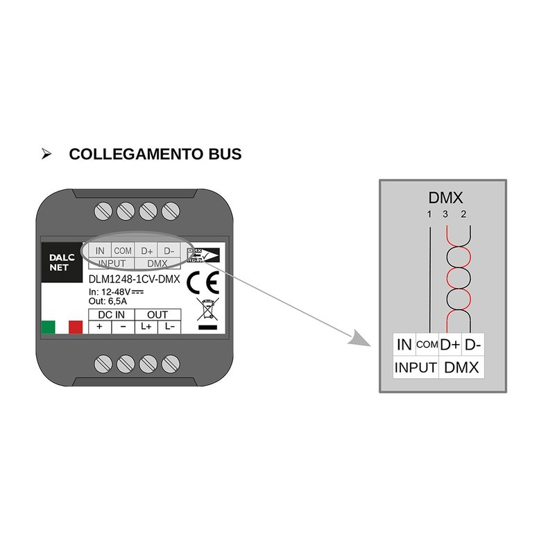 Dalcnet DLM1224-1CV-DMX Led Dimmer Bus DMX512 12V 24V 10A Pulsante N.O. 0/1-10V Potenziometro