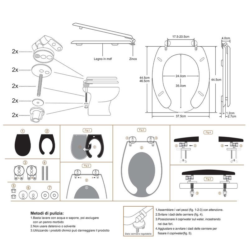 Sedile WC Copriwater Universale In Legno Per Disabile Forma O 19'' 445X375mm Distanza Fori 175-205mm