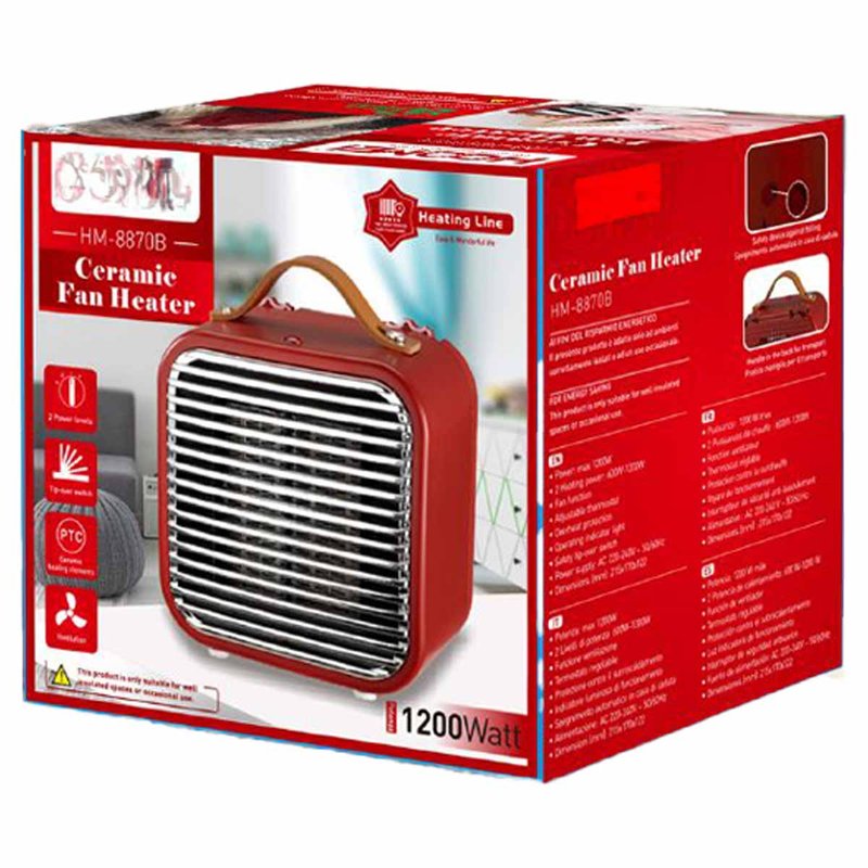 Mini Termoventilatore in Ceramica con Potenza Regolabile 600W 1200W con Autoprotezione Surriscaldamento Quadrato Rosso