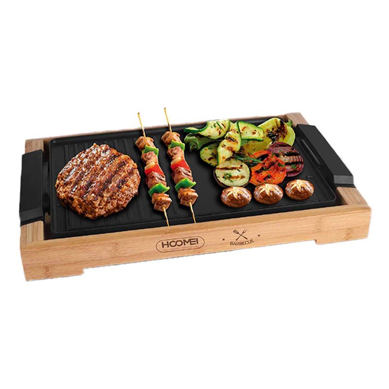 Piastra Grill Elettrica 2000W Rivestimento Antiaderente con Termostato Regolabile e Raccoglitore di Grasso Rimovibile 37.5x23cm Finitura Bambu