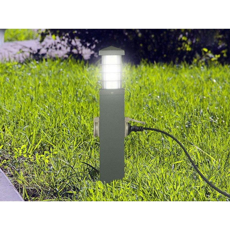 Lampada Da Terra Attacco E27 + Multipresa a Colonna 2 Prese Schuko 16A 455mm IP44 Acciaio Inossidabile Per Giardino SKU-8822