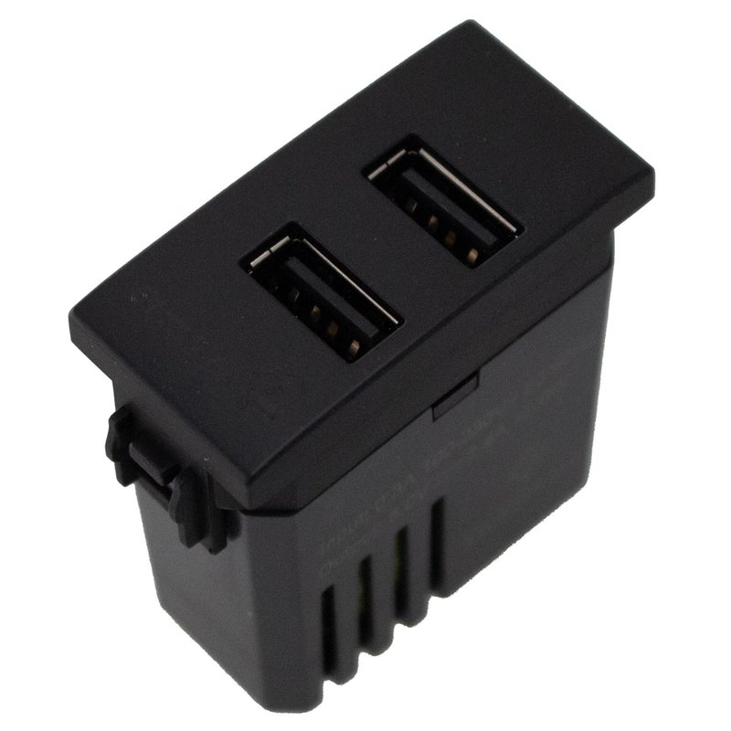 Modulo Presa Caricatore USB 5V 2,4A 2 Porte USB-A Colore Nero Compatibile Con Bticino Living e Vimar Plana