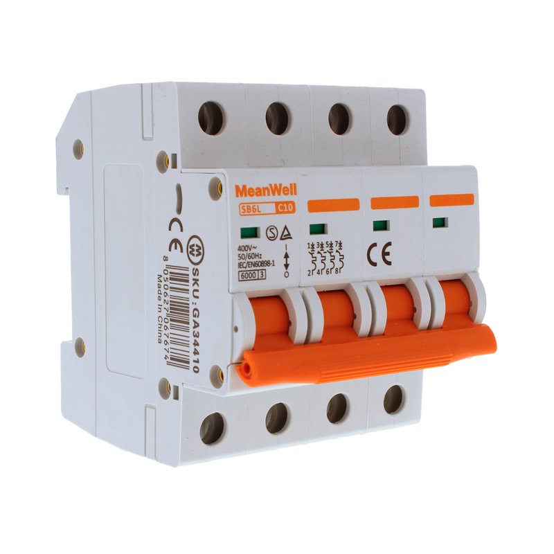 MeanWell MCB Interruttore Magnetotermico Automatico Curva C 4P 4M 6000A C10A AC 400V IP20 IEC60898-1