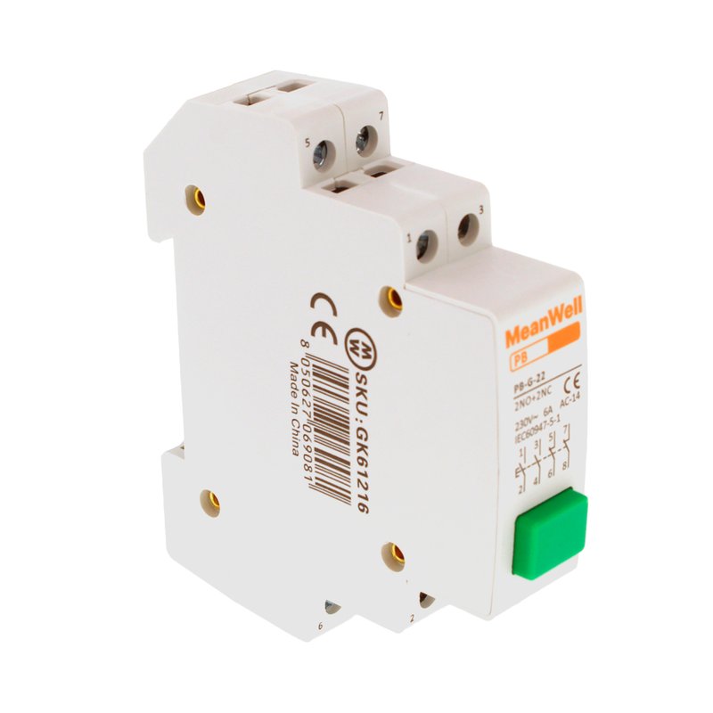 MeanWell Pulsante Modulare Con Spia Luce Led Verde 1M 2NO+2NC 16A AC 230V IP20 IEC60947-5-1