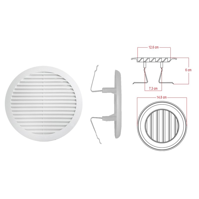 Griglia di Ventilazione Rotonda Con Molla D148mm Foro Regolabile 80-125mm Made In Italy