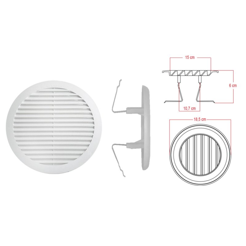 Griglia di Ventilazione Rotonda Con Molla D185mm Foro Regolabile 120-160mm Made In Italy