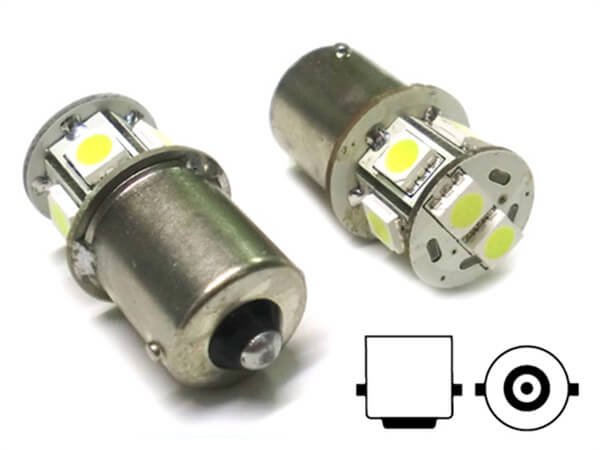 Lampada Led Canbus BA15S G18,5 R5W R10W No Errore Bianco 12V Luci Posizione Piedi Dritti 7 Smd 5050