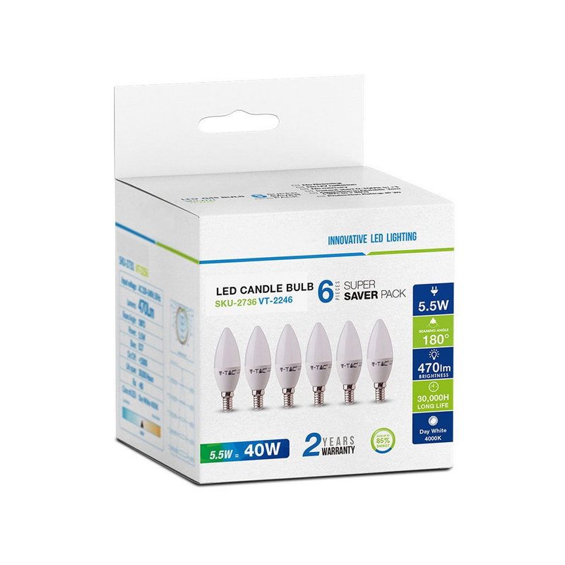 6 PZ Lampada A Led E14 C37 5,5W Bianco Caldo 2700K Forma Goccia Oliva Candela 200 Gradi 220V SKU-2736