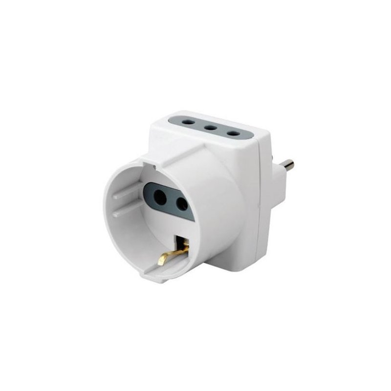 Adattatore Spina Elettrica 10A 2P+T Con 2 Prese 10A + 1 Schuko 10A 250V Bianco Max 1500W SKU-8723