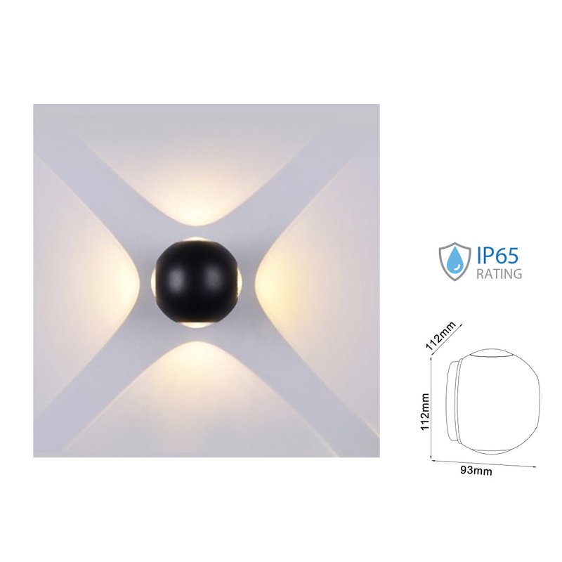 Applique Lampada LED da Muro Palla Sferica 4X1W 3000K Carcassa Nera Illuminazione 4 Lati IP65 SKU-8553