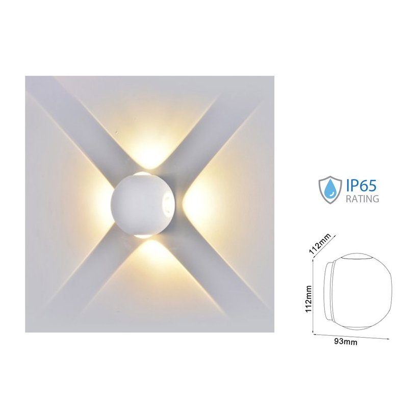 Applique Lampada LED da Muro Palla Sferica 4X1W 4000K Carcassa Bianca Illuminazione 4 Lati IP65 SKU-8552