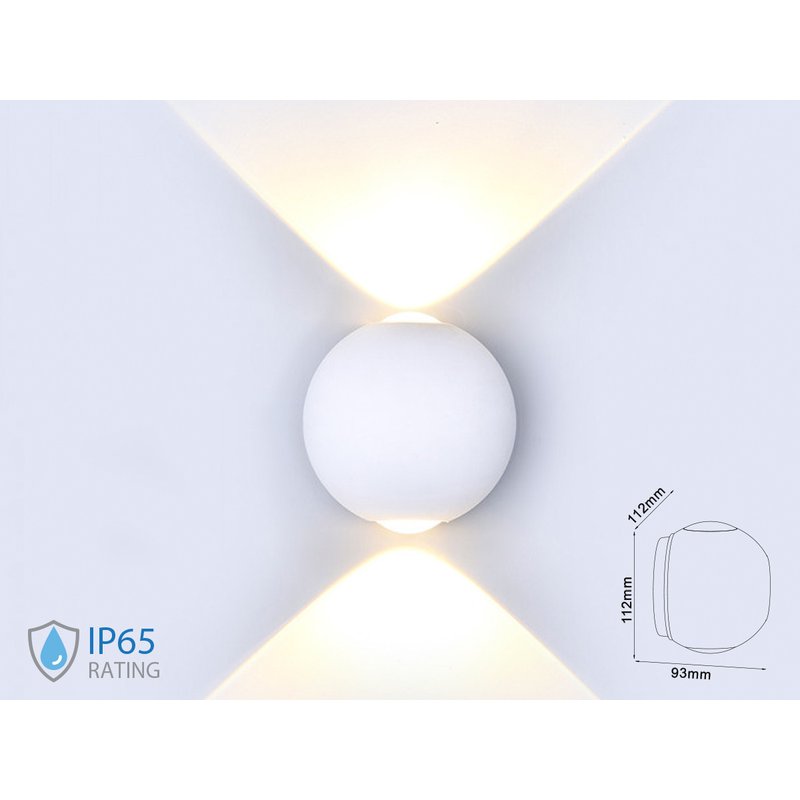 Applique Lampada LED da Muro Palla Sferica 6W 3000K Carcassa Bianca Doppio Fascio Luminoso IP65 SKU-8301