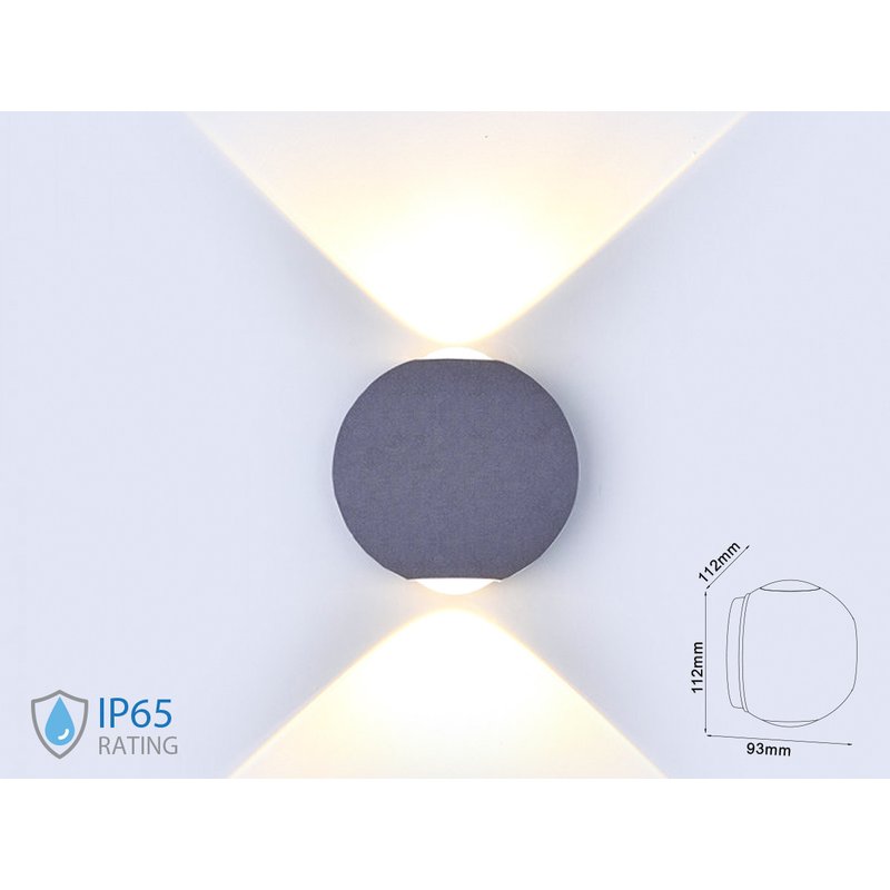 Applique Lampada LED da Muro Palla Sferica 6W 3000K Carcassa Grigia Doppio Fascio Luminoso IP65 SKU-8305